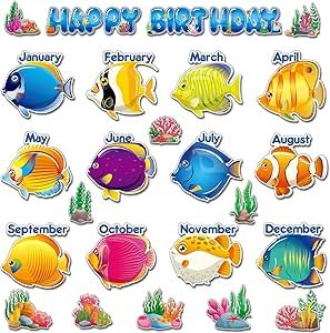 Happy Birthday Calendar, Christian School Bulletin Boards, Birthday Bulletin Board, Ocean Theme Classroom, Birthday Bulletin Boards, Birthday Bulletin, Fish Theme, Paper Cutouts, Under The Sea Birthday