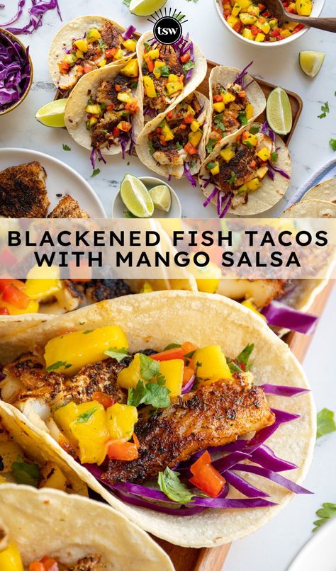 Mango Salsa For Fish, Halibut Fish Tacos, Mango Fish, Fish Tacos With Mango Salsa, Wife Recipes, Fish Tacos Tilapia, Healthy Fish Tacos, Tacos With Mango Salsa, Spicy Fish Tacos