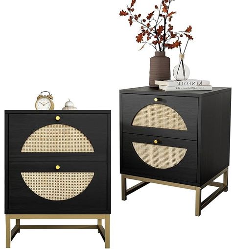 Amazon.com: CuisinSmart Nightstands Set of 2, Wood End Table with 2 Rattan Decorated Drawers Black Bedside Table Modern Wood Accent Table for Livingroom, Bedroom : Home & Kitchen Bedside Table Modern, Rattan Bedroom, Bedroom End Tables, Black Bedside, Black Bedside Table, Nightstand Set Of 2, Wood End Table, Wood Accent Table, Modern Bedside Table