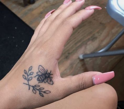 Bee On Hand Tattoo, Hand Bee Tattoo, Bee Thumb Tattoo, Bee Hand Tattoo For Women, Tattoo Between Thumb And Index Finger, Small Hand Tats For Women, Side Of Thumb Tattoo, Hand Tattoo Thumb, Tattoo On Thumb Side