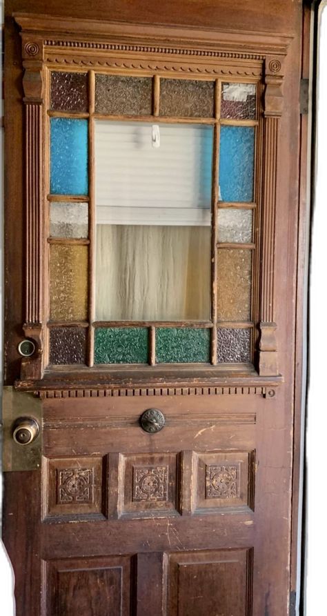 Large Glass Doors Entrance, 1960 Front Door, Interesting Front Doors, Hexagon Door Design, Vintage Wood Doors, Door With Stained Glass Panel, Front Door With Stained Glass Window, Stained Glass French Doors, Stained Glass Doors Entrance