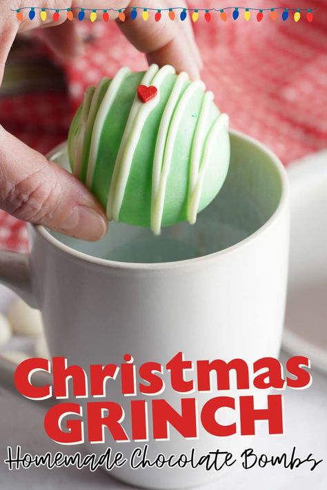 These Christmas Grinch Homemade Chocolate Bombs are the perfect Christmas Candy Recipes Holiday Gifts for spreading festive cheer! Christmas Candy Recipes Holiday Gifts, Christmas Tin Recipes, Christmas Food Gift Ideas, Diy Christmas Food Gifts, Homemade Edible Christmas Gifts, Christmas Dessert Gifts, Edible Holiday Gifts Dessert Ideas Christmas, Grinch Chocolate, Grinch Hot Chocolate, Christmas Desserts For A Crowd, Christmas Themed Desserts, Diy Christmas Gifts Food, Christmas Dessert Ideas, Edible Holiday Gifts, Holiday Treats Christmas