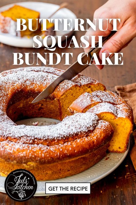 Round squash bundt cake being sliced with text: Butternut Squash Bundt Cake. Get the recipe. Squash Recipes Dessert, Squash Cake, Butternut Squash Cake, Squash Cakes, Warm Desserts, Cake Story, Fall Cakes, Fall Dessert, Breakfast Cake