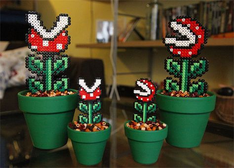 Super Mario Piranha Plant Hama Mario, Diy Geek, Perler Bead Designs, Fused Plastic, Piranha Plant, Geek Diy, Nerd Crafts, Motifs Perler, Bead Sprite