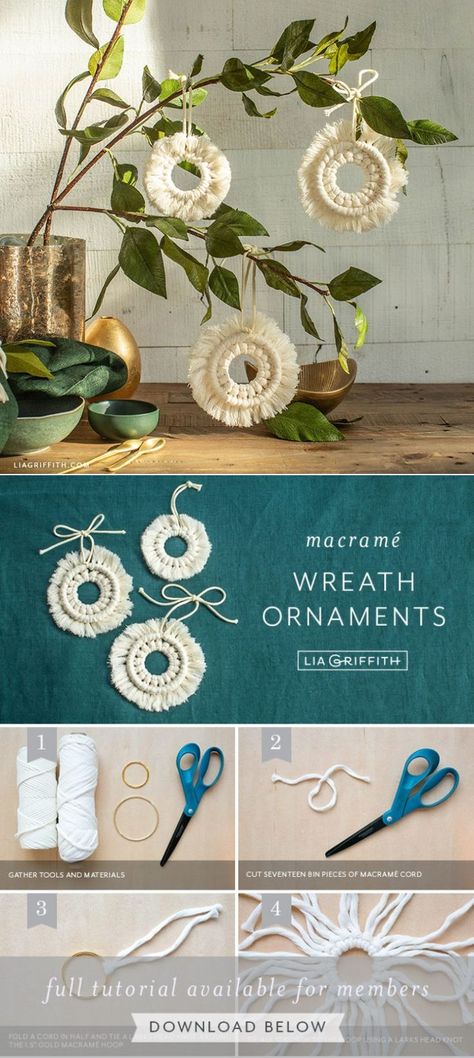 Learn how to make your own macrame wreath ornaments to hang on your Christmas tree or use as seasonal decor. This easy craft project only uses two knots. Wreath Ornaments Diy, Sweaters For Women Winter, Macrame Wreath, Bohemian Diy, Wreath Ornaments, Simple Macrame, Holiday Sweaters, Diy Yarn Crafts, Easy Craft Projects