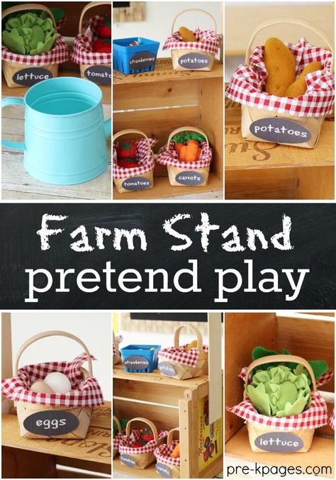 Farm Stand Pretend Play for learning and fun in Preschool. DIY farm stand that's easy to make and doesn't take up a lot of space at home or in the classroom. Diy Farm Stand, Preschool Farm, Dramatic Play Themes, Farm Theme Preschool, Farm Preschool, Dramatic Play Area, Dramatic Play Preschool, Fruit Market, Farm Activities