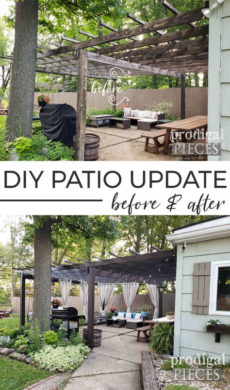 What a difference! This DIY Patio & Pergola Update Refreshes and Dresses up this backyard retreat | Details at Prodigal Pieces | prodigalpieces.com #prodigalpieces #diy #home #homedecor #patio #pergola #backyard Pergola Paint Color Ideas, Pergola Furniture Ideas, Diy Patio Pergola, Backyard Diy Patio, Pergola Makeover, Painted Pergola, Pergola Furniture, Colorful Patio Decorating Ideas, Terasse Ideas