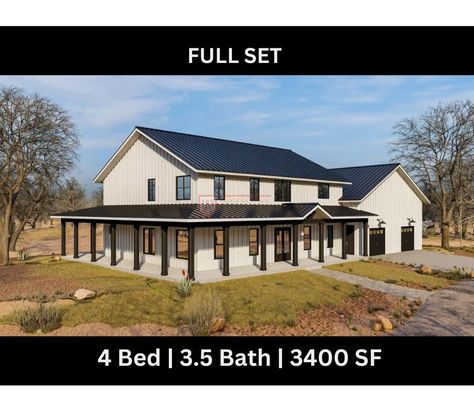 3412 SF Barndominium |4 Bedroom | 3.5 Bathroom | 3 Car Garage | Office Space - Drawing Blueprints Total Living Area:3412 Sq. Ft. First Floor Area: 2000 Sq. Ft. Second Floor Area:1412 Sq. Ft. This is a digital download of the complete drawing set of this house. Once you place your order, you will be provided with an instant download link to a PDF scaled for 24"x36" Arch D paper. Drawings included in the set: - COVER PAGE  - FIRST FLOOR PLAN - SECOND FLOOR PLAN - ROOF PLAN - FRONT AND REAR ELEVATI 4 Bedroom 3.5 Bath Barndominium, 3 Car Garage Barndominium, 2000 Sq Ft Barndominium Floor Plans 4 Bedroom, Barndominium Plans 4 Bedroom, 3000 Sq Ft Barndominium Plans, 4 Bedroom Barndominium Plans, Party Barn Floor Plans, 2500 Sq Ft Barndominium Plans, 4 Bedroom Shop House Plans