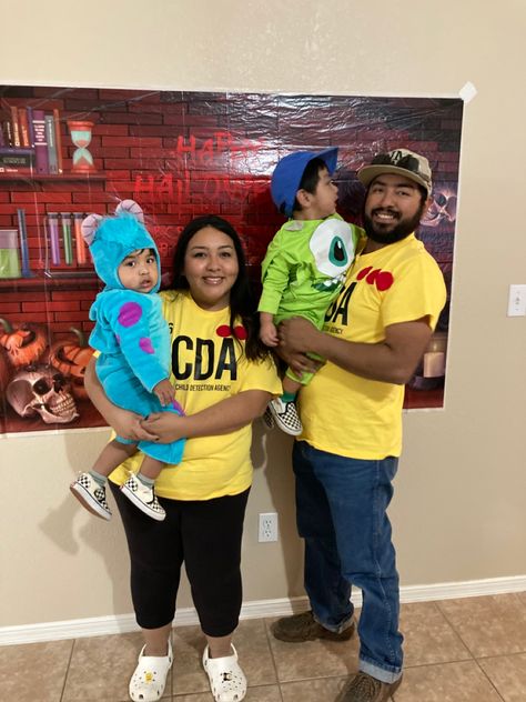 Family Monster Inc Costumes, Monsters Inc Family Of 4 Costume, Monsters Inc Diy Costume Families, Monsters Ink Family Costumes, Family Of 4 Halloween Costumes Diy, Monster Inc Family Halloween Costumes, Monsters Inc Family Costume For 4, Monsters Ink Family Halloween Costumes, Monster Inc Costume Family