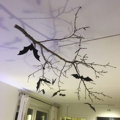 Twig Halloween Decor, Halloween Twig Tree, Halloween Ceiling Decoration, Bat Themed Birthday Party, Hanging Bats For Halloween, Chandelier Halloween Decor, Ceiling Halloween Decorations, Ceiling Halloween Decor, Halloween Ceiling Decor