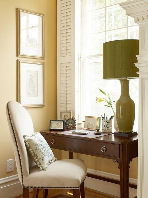 Upstairs Landing Desk Ideas, Bedroom With Writing Desk, Small Desk In Front Of Window, Small Window Desk, Writing Desk In Living Room, Desk Alcove, Desk In Front Of Window, Interior Design Mistakes, Desk Station