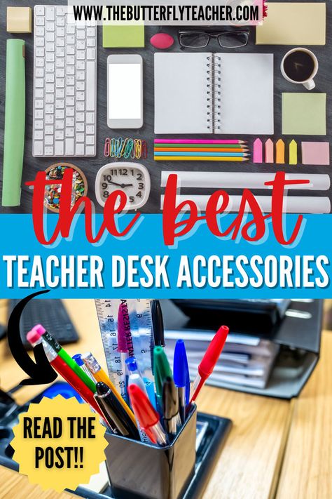 Tidy up your teacher desk with flair! Dive into our blog post for chic and practical teacher desk organization accessories and ideas. Whether it's your classroom desk or home work area, these tips will transform your space into an organized haven. Perfect for teachers seeking a stylish yet functional workspace upgrade! Teacher Desk Drawer Organization, Middle School Teacher Desk Setup, Teacher Desk Area Ideas, Teacher Desk Area Organization, High School Teacher Desk Organization, Teacher Desk Organization Ideas, Classroom Or Desk Organization Ideas, Teacher Assistant Desk Ideas, Teachers Desk Ideas