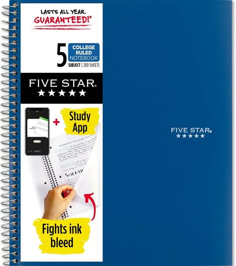 Scan, study and organize your notes with the Five Star App. Create instant flashcards and sync your notes to Google Drive to access them anywhere from any device.
5 subject notebook has 200 double-sided, college ruled sheets that fight ink bleed and are perforated for easy tear out. Sheets measure 8-1/2" x 11" when torn out. 5 Subject Notebook, Five Star Notebook, Notebook Study, College Ruled Paper, Ink Bleed, Busy Beaver, College School Supplies, Back To School Deals, Ruled Paper