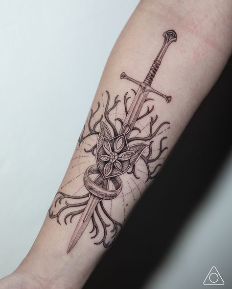 Lotr Tree, Narsil And Evenstar Tattoo, Aragorn And Arwen Tattoo, The Fellowship Of The Ring Tattoo, Lord Of The Rings Tattoo Legolas, Matching Tattoos Couples Lotr, Lord Of The Rings Images, Aragorn Tattoo Ideas, Lotr Balrog Tattoo