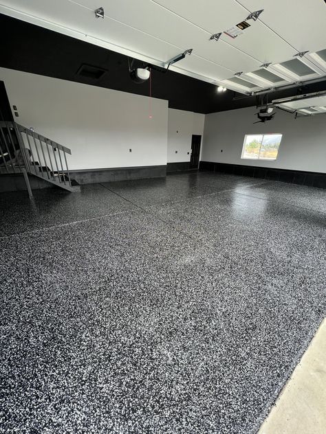 Custom flake blend “salt and pepper” black and white flakes. Garage floor upgrade with epoxy base coat and polyaspartic top coat. Black Epoxy Garage Floor, Epoxy Garage Floor, Garage Epoxy, Chill Life, Epoxy Floors, Garage Floor Coatings, Garage Floors, Dwight Eisenhower, Garage Floor Epoxy