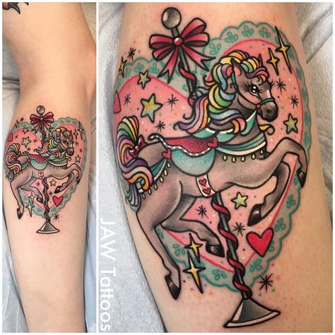 Jess White Carousel Horse Tattoos, Carousel Tattoo, Dopamine Tattoo, Zebra Tattoos, Unicorn Tattoo, Globe Tattoos, Neon Tattoo, Seahorse Tattoo, Indoor Bonsai Tree