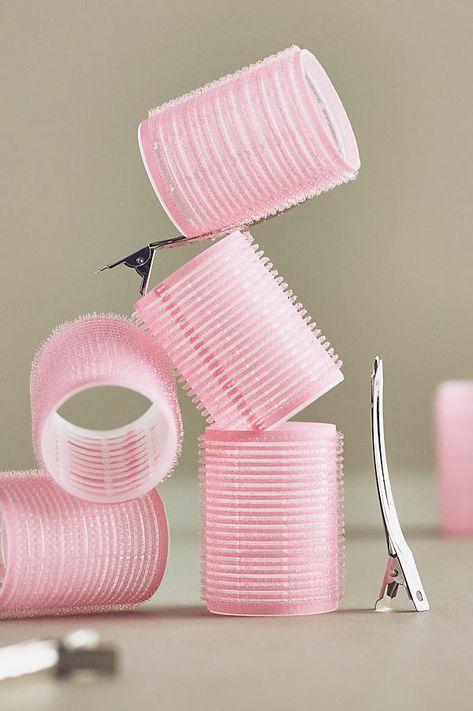 These velcro rollers can be used on wet or dry hair to result in bouncy, heatless curls. | Velcro Roller Kit by Mermade Hair in Pink, Women's, Nylon at Anthropologie Pink Hair Tools, Pink Hair Products, Pink Hair Rollers, Hair Rollers Aesthetic, Birthday Wishlist Aesthetic, Rollers In Hair, Hair Curling Rods, Heatless Rollers, Velcro Curlers