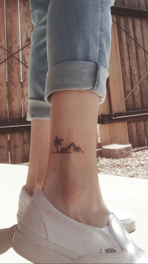 Mountain Palm Tree Tattoo, Mountain Finger Tattoo Simple, Ankle Mountain Tattoos For Women, Mountain And Palm Tree Tattoo, Mountains Ocean Tattoo, Hawaiian Mountain Tattoo, Hawaii Mountain Tattoo, Mountain Tattoo Ankle, Women Feet Tattoos