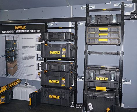 Dewalt Tough System Van Racking Dewalt Van Racking, Tough System Ideas, Dewalt Tough System Storage Ideas, Dewalt Tool Box, Dewalt Storage, Work Truck Storage, Toolbox Ideas, Van Racking Systems, Tool Trailer