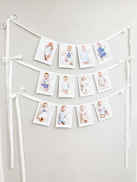 12 Month Picture Display First Birthdays, Blue And White First Birthday Cake, First Birthday Photo Display Ideas, Blue Gingham Birthday Party, Grand Millennial First Birthday, Blue Gingham First Birthday, Classic First Birthday Boy, First Birthday Picture Display, Simple First Birthday Boy