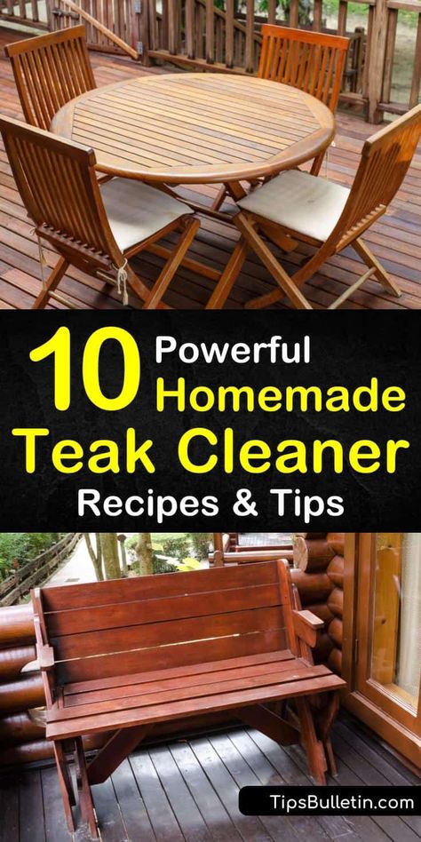 Make a homemade cleaning solution to clean outdoor furniture made of teak wood. Clean teak furniture using laundry detergent, white vinegar, bleach, or another teak cleaner along with a little bit of scrubbing action. #DIYteakcleaner #cleanteak #teak #wood Restoring Teak Outdoor Furniture, Clean Outdoor Furniture, Action Diy, Pool Patio Furniture, Wooden Patio Furniture, Deck Decor, Teak Patio Furniture, Wood Cleaner, Teak Wood Furniture