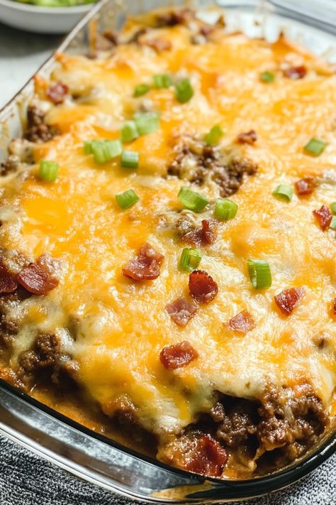 Keto Bacon Cheeseburger Casserole Easy Keto Hamburger Recipes, Keto Hamburger Casserole, Keto Cheeseburger Casserole, Keto Bacon Cheeseburger, Low Carb Cheeseburger, Low Carb Cheeseburger Casserole, Cheeseburger Casserole Recipe, Bacon Cheeseburger Casserole, Keto Bacon