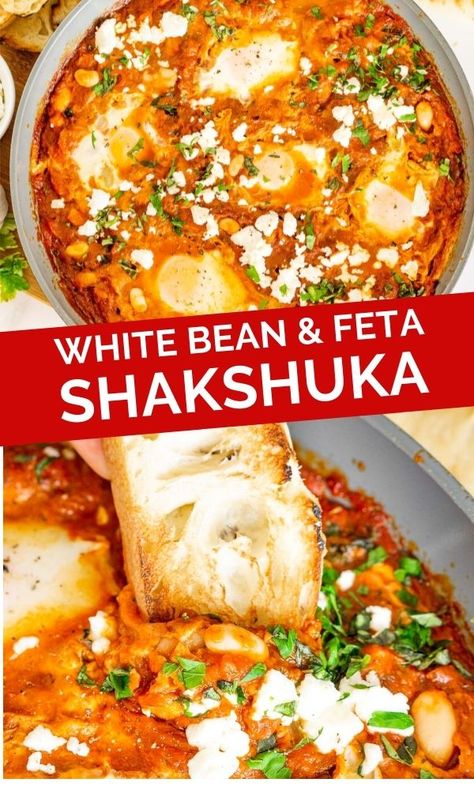 Recipes With White Beans, White Bean Shakshuka, Shakshuka With Feta, Easy Shakshuka Recipe, Health Lunch, Shakshuka Recipe, White Bean Recipes, Feta Cheese Recipes, Shakshuka Recipes