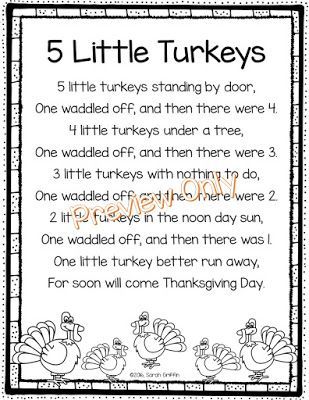 And, just like that, it's time for The Turkey to shine! Yes, friends, Thanksgiving is just around the corner.  Time for turkey crafts, turkey facts, turkey books, turkey songs, turkey math, turkey hun Thanksgiving Poems For Kids, Five Little Turkeys, Thanksgiving Readers Theater, Turkey Poem, Turkey Songs, Turkey Facts, Turkey Math, Thanksgiving Poems, Poems For Kids