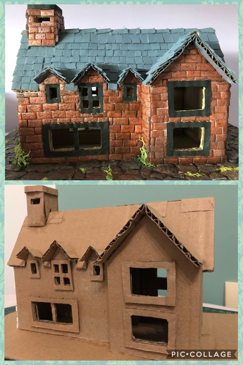 Cardboard Miniature House, Cardboard House Model, Cardboard Christmas House, Cardboard Box Houses, Building A Wooden House, Cardboard Houses, Cardboard Diy, Fairy House Crafts, Cardboard Box Crafts