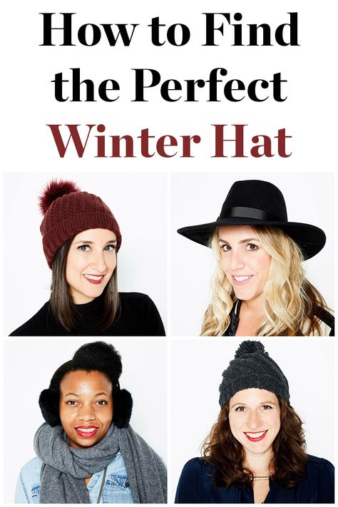 Winter hat tips - click through to find out the best option for your face shape, hair type, etc. with expert tips! Womens Winter Accessories, Winter Hats For Square Faces For Women, Winter Hats For Round Faces Woman, How To Wear Winter Hats, Winter Hats Women, Hats For Round Faces Woman, Women’s Winter Hats, Winter Hats For Short Hair, Hats With Short Hair