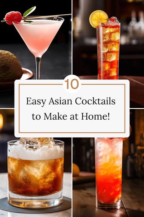 Discover a variety of quick and easy Asian cocktails to whip up in your own kitchen, including Singapore Sling, Sake Martini, Lychee Martini, Thai Basil Mojito, Shochu Sour, Thai Iced Tea Cocktail, and Soju Sunrise. Elevate your mixology game with these simple and delicious Asian-inspired drinks! Asian Inspired Cocktails Drinks, Asian Inspired Drinks, Chinese Cocktail Recipes, Thai Cocktail Recipes, Asian Drinks Cocktails, Asian Cocktails Recipes, Asian Inspired Cocktails, Martini Lychee, Thai Cocktails