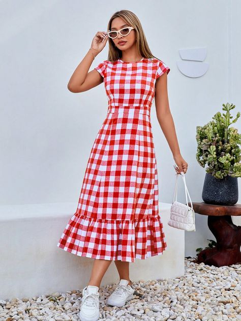 SHEIN Essnce Women's Casual Holiday Plaid Ruffle Hem Dress #EasterI discovered amazing products on SHEIN.com, come check them out! Red Gingham Outfit, Red Gingham Dress, Gingham Fashion, Holiday Plaid, Red Gingham, Ruffle Hem Dress, Easter Dress, Women Midi, Gingham Dress