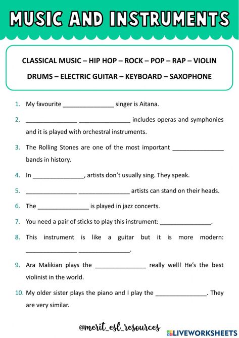 Musical instruments online activity for elementary. You can do the exercises online or download the worksheet as pdf. Musical Instrument Worksheet, Music Vocabulary Worksheet, Types Of Musical Instruments, Types Of Instruments, Music Vocabulary, Free Music Worksheets, English Music, Jazz Concert, School Homework