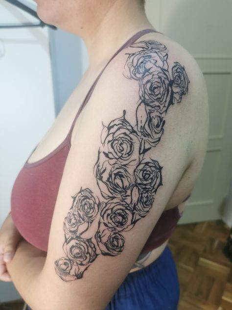 Roses tattoo inspired by Nobara Kugisaki Jjk Nobara Tattoo, Jjk Rose Tattoo, Nobara's Roses Tattoo, Jujutsu Kaisen Rose Tattoo, Floral Anime Tattoo, Nobara Kugisaki Rose Tattoo, Nobara Kugisaki Tattoo Idea, Nobara Curse Tattoo, Nobara Rose Tattoo