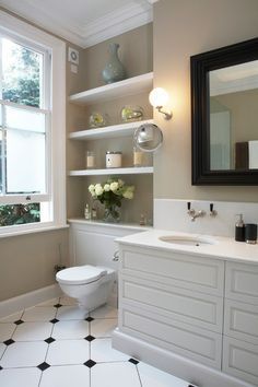 Concealed cistern with shelves / cupboard above? Makeover Kamar Mandi, Shelves Above Toilet, Shelves Over Toilet, Traditional Bathroom Designs, Popular Interior Design, Bad Inspiration, New Toilet, Interior Design Photos, Bathroom Collections