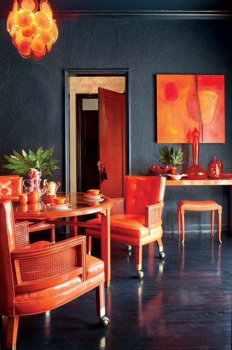 California Home Design, Orange Rooms, Orange Interior, Orange Decor, Black Room, Dark Walls, California Homes, Blue Walls, Black Walls