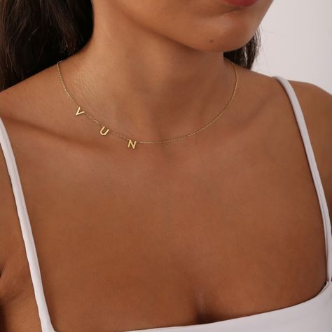 Gold Initials Letter Necklace-Necklace for Women-Sideways Necklace with Spaced Letter-Personalized Letter Jewelry-Gifts for Mom-Gift for Her by DemoJewelryShop on Etsy Letter Jewelry, Name Necklaces, Gold Initial, Necklace Necklace, Letter Necklace, Initial Letters, Jewelry Gift Box, Name Necklace, Mock Up