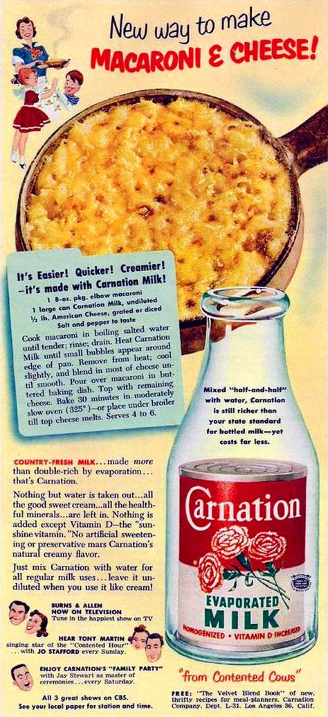 carnation evaporated milk Carnation Milk Mac And Cheese, Baked Meats, Carnation Milk, Cheese Restaurant, 1950s Food, Grandma's Recipes, Handwritten Recipes, Mac And Cheese Recipe, Vintage Cooking