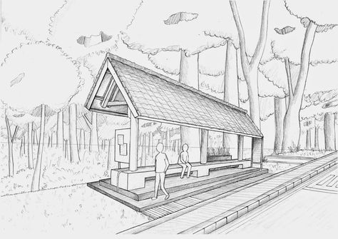 AR-05 FE Bus Shelter: Exterior Perspective Bus Stop Drawing Sketch, Bus Stand Drawing, Bus Station Drawing, Shelter Design Architecture, Bus Stop Sketch, Bus Stop Drawing, Shelter Drawing, Exterior Perspective, Section Elevation