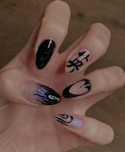 Kanji, anime, graphic, heart negative, iridescent nails, organic line work Black Nails Japanese, Cool Nails Acrylic, Iridescent Nails, Cool Nails, Deco Nails, Graphic Heart, Iridescent Black, Art Deco Nails, Anime Nails