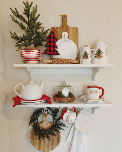 Christmas Shelf Decor Ideas Kitchen, Christmas Open Shelves Kitchen, Shelves Christmas Decor, Christmas Wall Shelves Kitchen, Coffe Bar Christmas Decoration, Farmhouse Christmas Kitchen Target, Rae Dunn Christmas Coffee Bar, Kitchen Organizing Ideas, Rae Dunn Christmas Display Shelf