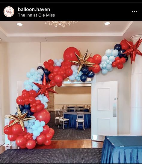 Ole Miss Balloon Arch, Ole Miss Party Decorations, Ole Miss Grad Party, Ole Miss Graduation Party, Red White And Blue Balloons, College Grad Photos, Graduation Party Backdrops, College Party, Party Backdrops