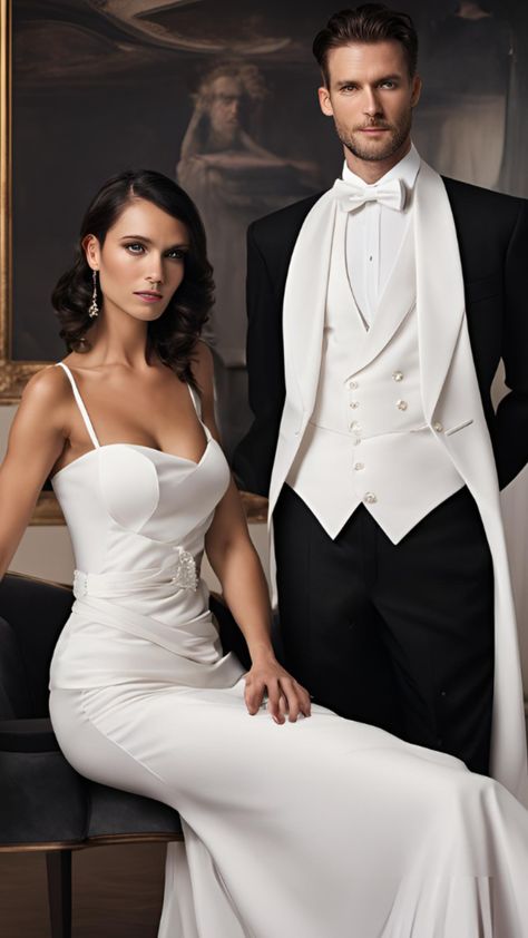 A man in a black tailcoat with a white waistcoat and bow tie, stands next to a woman in an elegant evening gown, showcasing formal white tie attire. White Tie Dress Code Women, White Tie Attire, White Tie Dress Code, White Tie Wedding, White Tie Event, White Tie Dress, Christmas Cruise, Black Tie Attire, Formal Dress Code