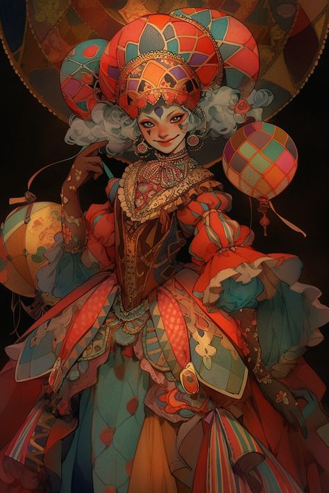 Fantasy Circus Concept Art, Ring Master Character Design, Mime Character Design, Female Clown Art, Circus Oc Art, Circus Character Design, Dnd Circus, Digital Circus Oc, Jester Character