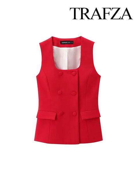 TRAFZA Women Fashion Vest Tops Red Square Neck Sleeveless Pockets Buttons Double Breasted Female Summer Casual Waistcoat Top - AliExpress 200000345 Pantalon Orange, Double Breasted Vest, Red Trousers, Button Pants, Orange Pants, Plus Size Outerwear, Stylish Pants, Summer Suits, Plus Size Jumpsuit