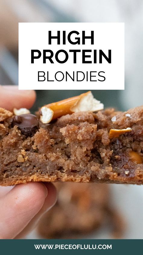 side view of high protein blondie Protein Blondies, Healthy Protein Desserts, Protein Baking, Macro Friendly Recipes, Healthy Baking Recipes, Protein Desserts, Peanut Butter Chocolate, Healthy Protein, No Bake Treats