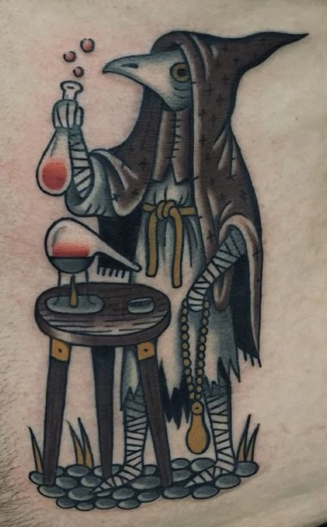 Doc Holiday Traditional Tattoo, Fantasy American Traditional Tattoo, American Traditional Gothic Tattoos, Traditional Bat Tattoo Design, Grim Antihero, Cryptid Tattoo Ideas, Tattoo Ideas Summer, Plague Doctor Tattoo, Dark Tattoo Ideas