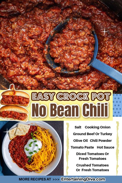 Easy Crock Pot No Bean Chili | Easy Recipes Bean Free Chili Recipe Crockpot, Chili Recipe No Kidney Beans, No Bean Chili Recipes, No Bean Turkey Chili, No Bean Chili Recipe, Football Party Menu, Super Bowl Food Easy, Chili Easy, Beans In Crockpot