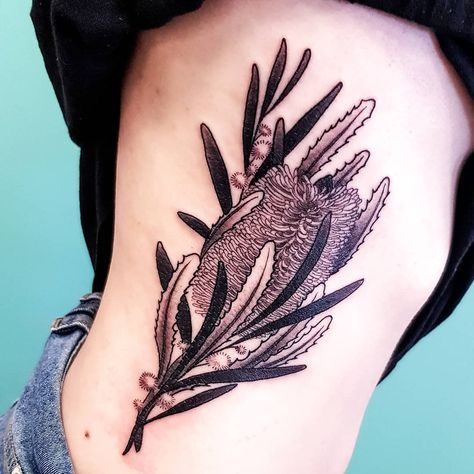 𝐃𝐑𝐄𝐀 𝐃𝐀𝐑𝐋𝐈𝐍𝐆 𝐓𝐀𝐓𝐓𝐎𝐎 on Instagram: “Banksia Oblongifolia with some golden wattle on the ribs for Izzy. First tattoo. Sat like a seasoned pro. Respect.  Banksia oblongifolia,…” Native Flower Tattoo, Darling Tattoo, Australia Tattoo, Henna Ink, Australian Tattoo, Golden Wattle, Native Tattoos, Birthday Tattoo, Hand Tats