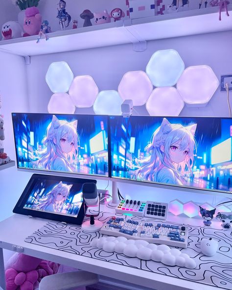 night time at my setup! what do you think? 💙💜 tagged partners: @za.kpair @blossomglitters_ @cozy.cess @7purpledays 🤍�🌸 #setup #aesthetic #purple #blue #nighttime #gamer #gamergirl #cute #fyp #pc Streaming Room, Bedrooms Inspiration, Games Room Inspiration, Room Gaming, Setup Gamer, Aesthetic Purple, Pc Desk, Game Streaming, Games Room